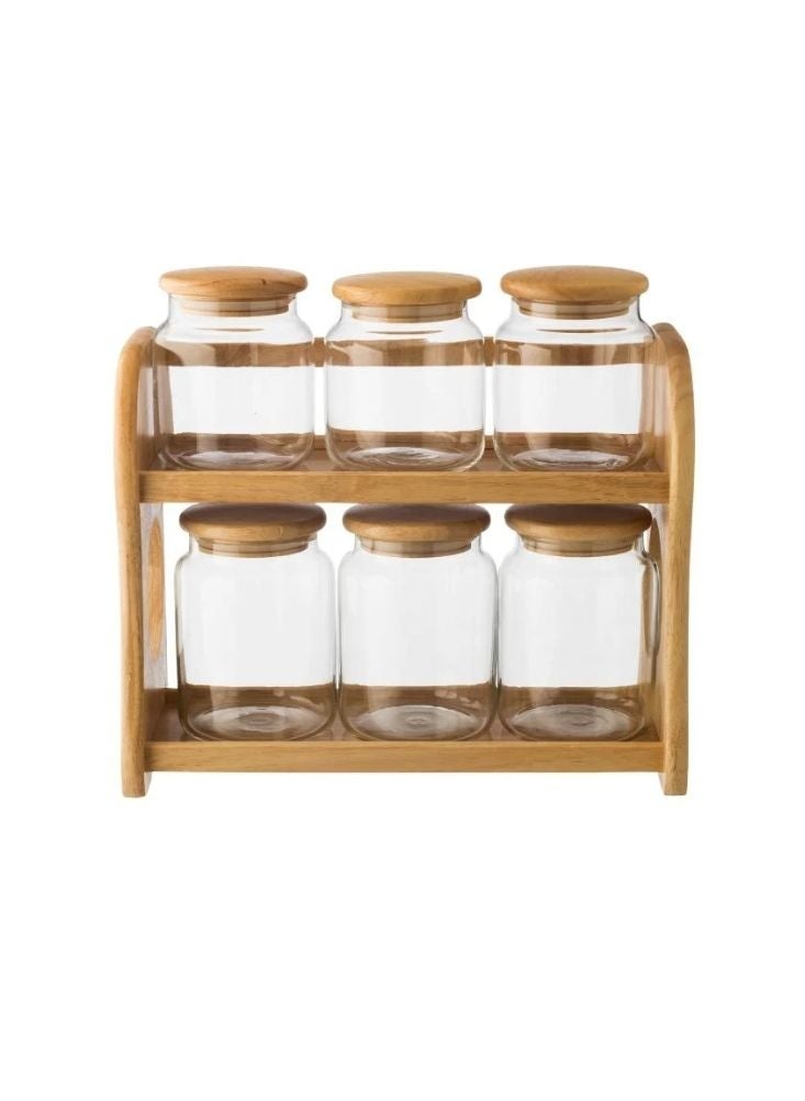 بريميم رف توابل خشبي مع أوعية زجاجية – مجموعة من ستة برطمانات لتخزين أدوات المطبخ - Image 4